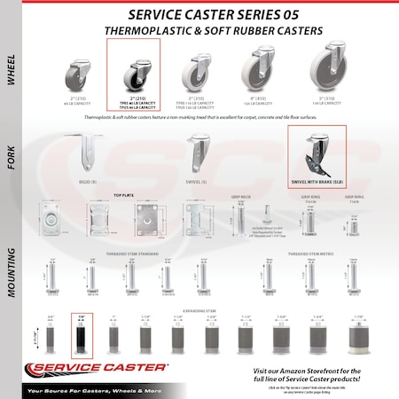 Service Caster 2 Inch Thermoplastic Rubber Wheel 7/8 Inch Expanding Stem Caster with Brake SCC-EX05S210-TPRS-SLB-78